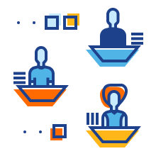 Icon of three people working on desks and exchanging information