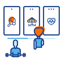 Icon illustration of figures working out and browsing activities
