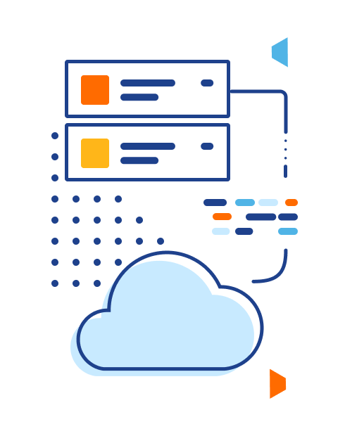 Illustration of a couple of interface listing items connected to a cloud via few rows of code