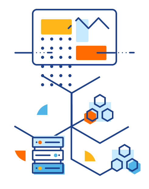 Illustration of servers connected to microservices and a display showing some data
