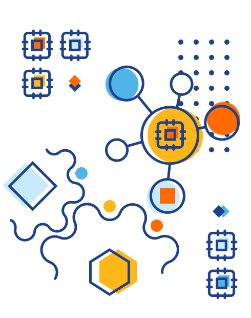 Illustration of bubbles linked in the shape of IoT symbol and a couple of gears below them
