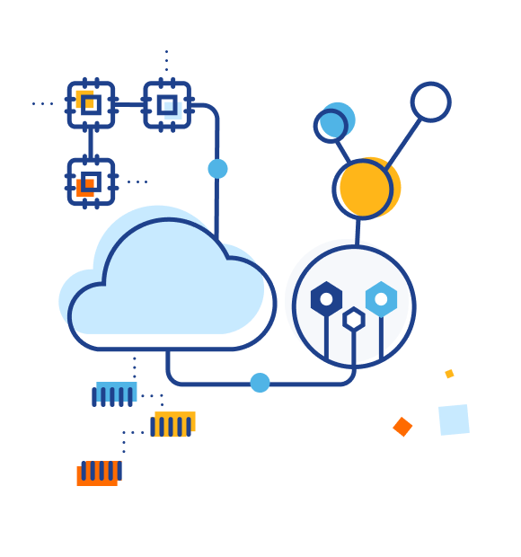 Illustration of a cloud linked to different computer chips and IoT bubbles