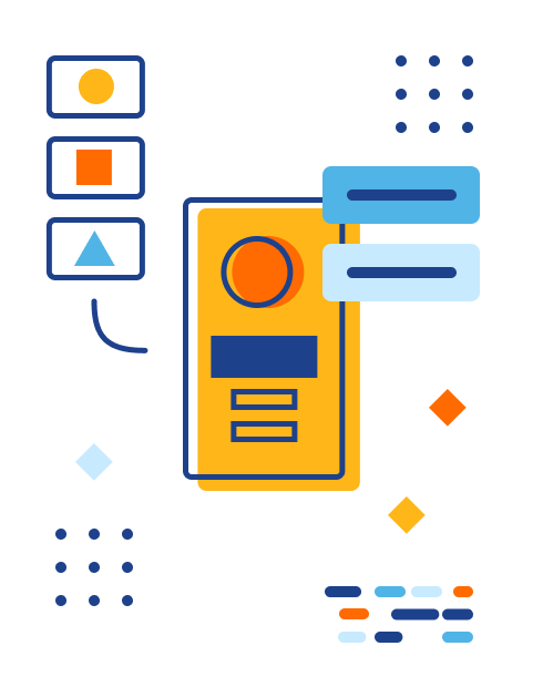 Illustration of a mobile device displaying an application and snippets and code are floating around it