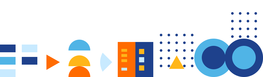 Illustration of colorful geometric shapes scattered horizontally some of which form shapes of blocks and servers