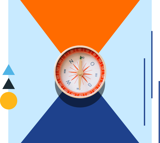 Image of a compass from top on a background of colorful geometric shapes