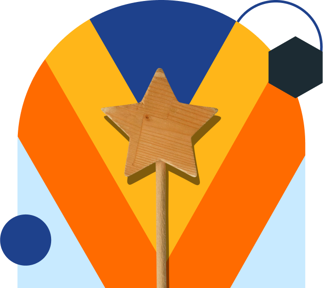 Image of a wooden star on a stick on a background of colorful geometric shapes