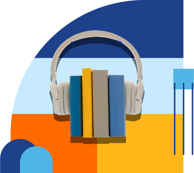 Image of headphones placed over a stack of books on a background of colorful geometric shapes