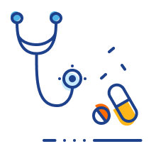 Pharma & Healthcare, icon of stethoscope and pills