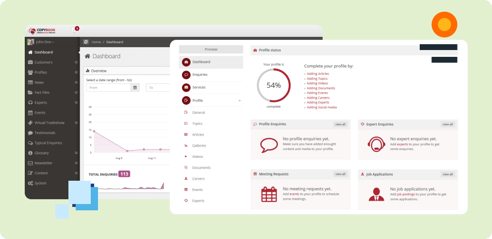 Screenshots of Copybook's administrative and user dashboards
