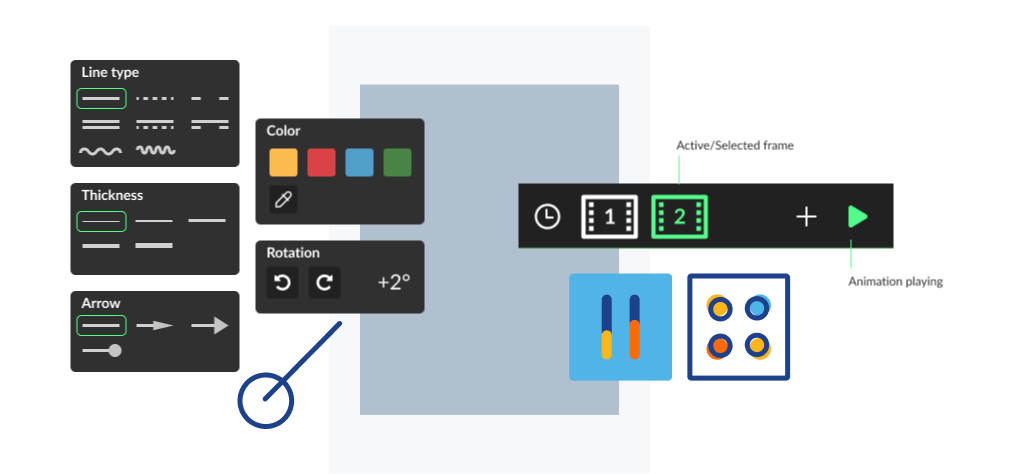 UI snippets of different controls used in the app - line properties, color selection, frame amination, etc.